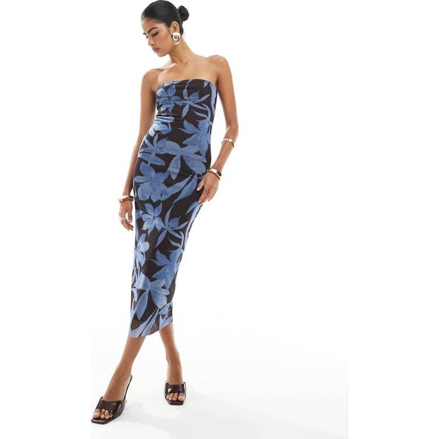 New Look Women's Brown Floral Print Mesh Bandeau Midi Dress - UK 14