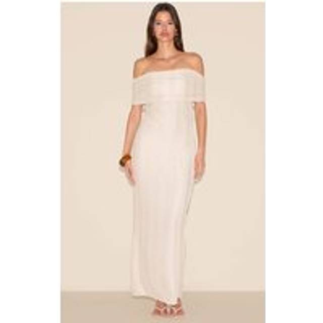 Cream Textured Bardot Maxi Dress, White - 14