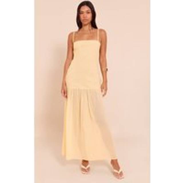 Lemon Linen Look Strappy Dropped Waist Maxi Dress, Lemon - 12