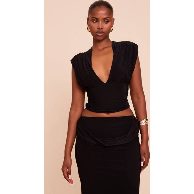 Black Double Layer Slinky Drape Plunge Long Top, Black - 6