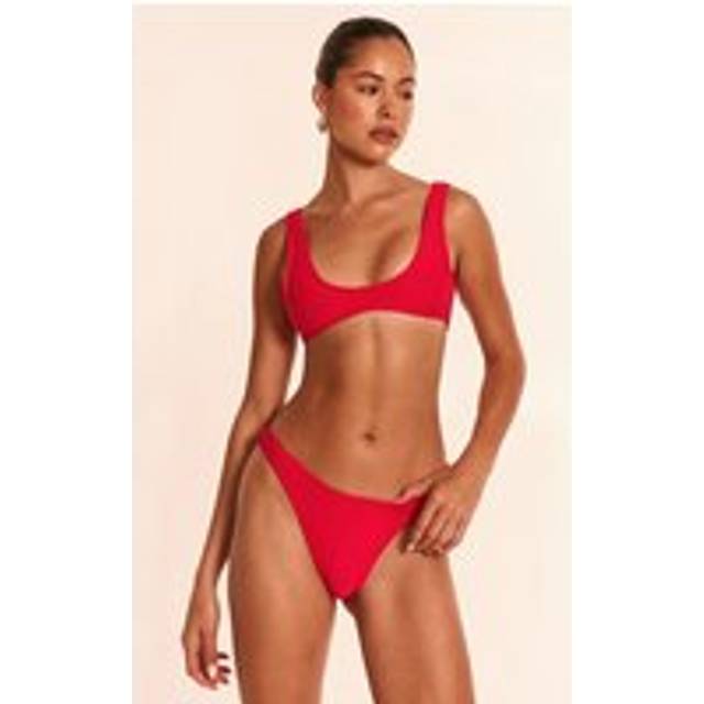 Red Ribbed Plunge Bikini Top, Red - 12