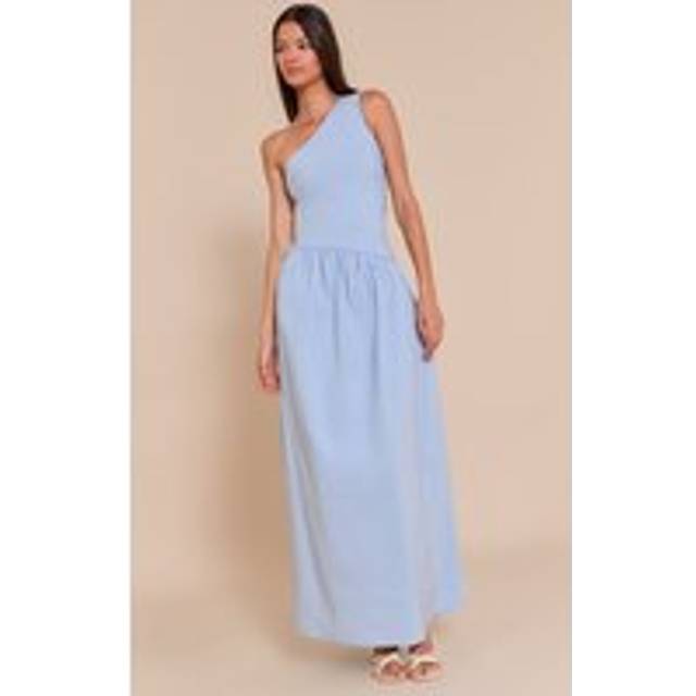 Light Blue Stretch Woven One Shoulder Maxi Dress, Light Blue - 16