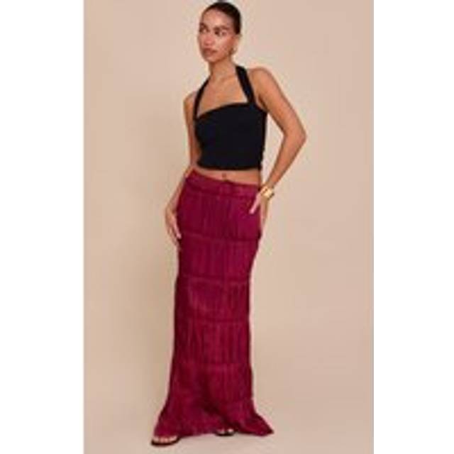 Deep Red Drawstring Frill Tiered Maxi Skirt, Deep Red - 16
