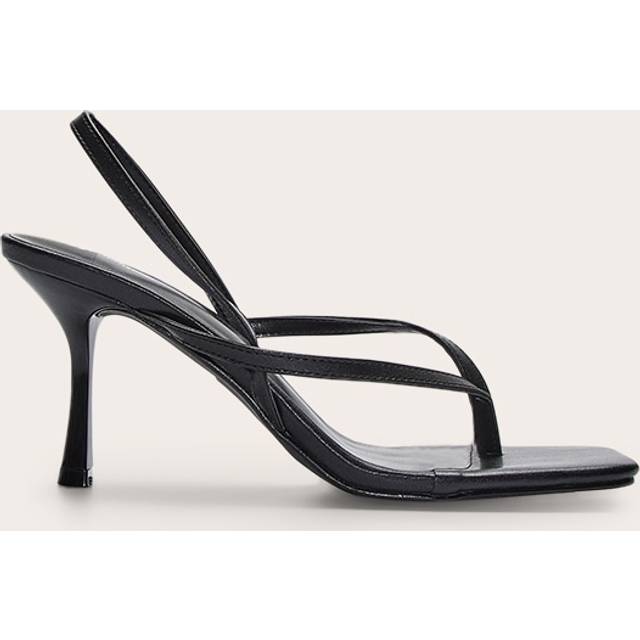 Black Pu Square Toe Thong Sling Back Mid Heeled Sandals, Black - 3