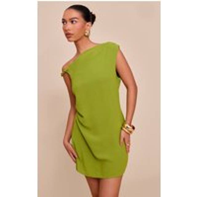 Olive. Textured Asymmetric Shift Dress, Green - 6