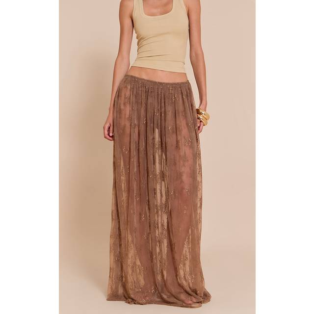 Mocha Sheer Lace Maxi Skirt, Brown - 10