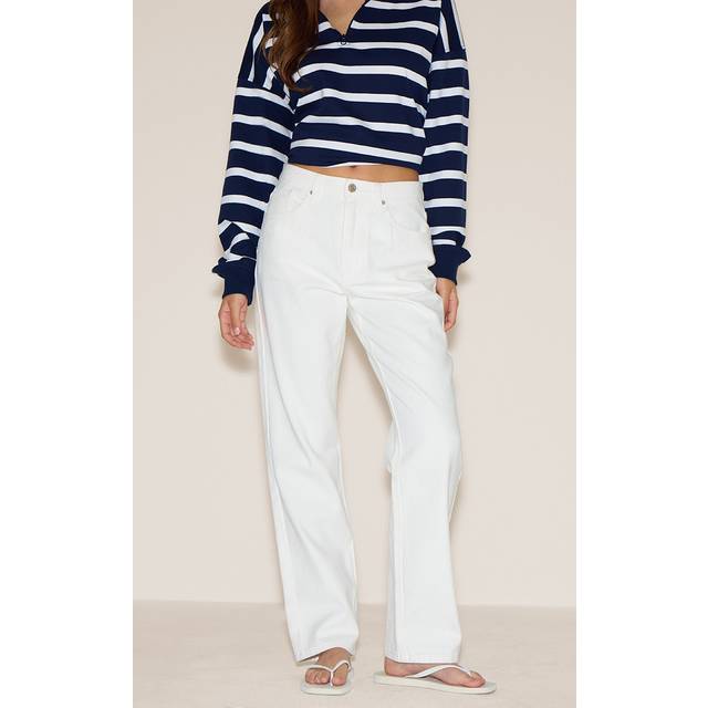 White High Waist Straight Leg Jeans, White - 12