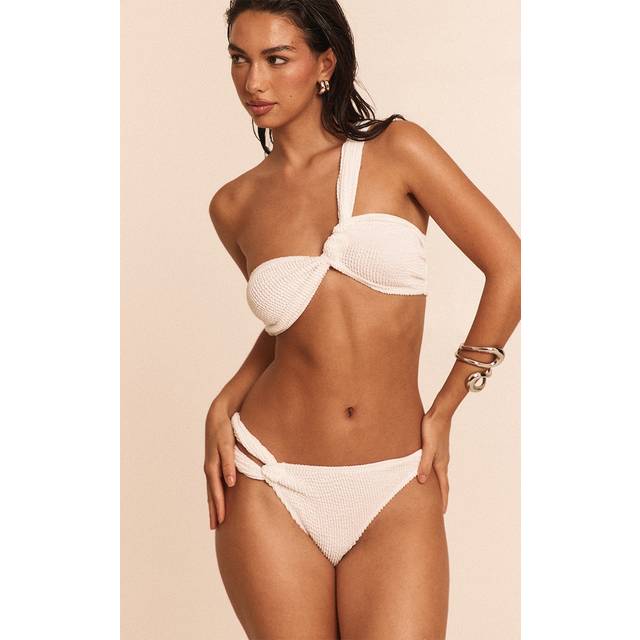 White Crinkle One Shoulder Bikini Top, White - M