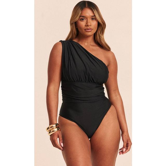 Shape Black One Shoulder Ruched Swimsuit, Black - 6