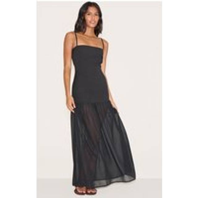 Black Linen Look Strappy Dropped Waist Maxi Dress, Black - 14