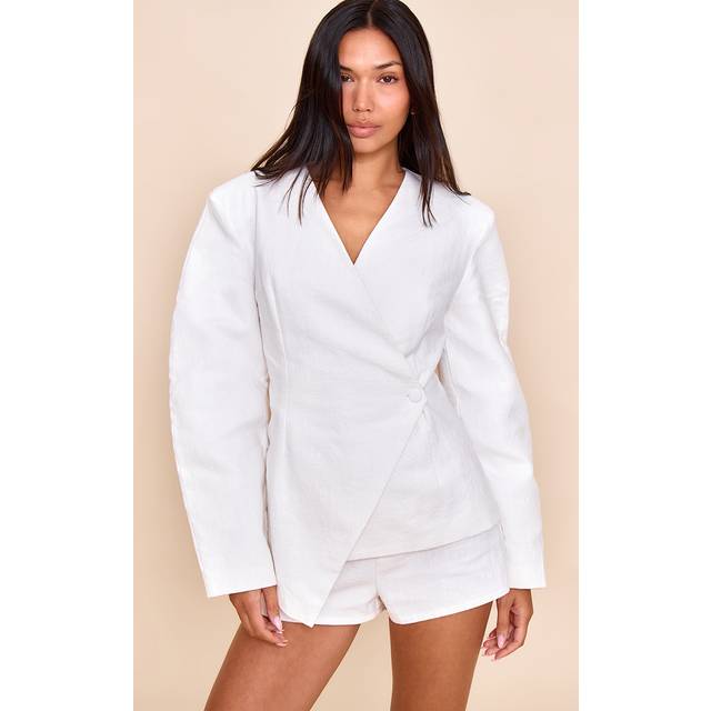 White Premium Linen Tailored Cocoon Sleeve Cinched Blazer, White - 16