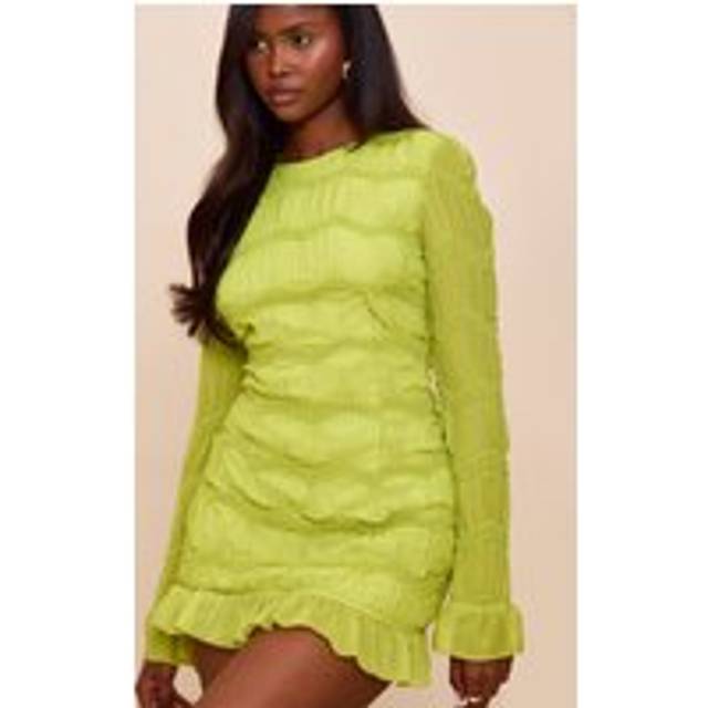Lime Textured Long Sleeve Boat Neck Mini Dress, Green - 14