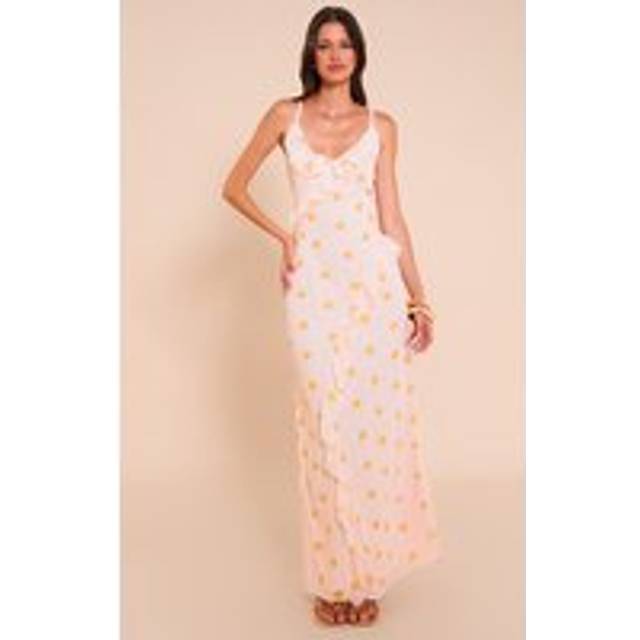 Lemon Polka Dot Printed Chiffon Frill Details Strappy Maxi Dress, Lemon - 4