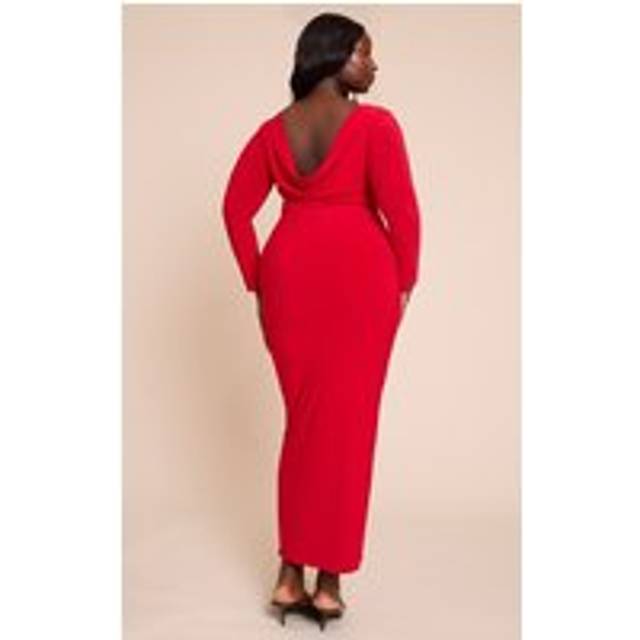 Plus Deep Red Scoop Back Detail Long Sleeve Maxi Dress, Deep Red - 26