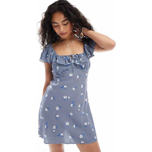 New Look Women's Blue Gingham Floral Print Mini Ruffle Dress - UK 8