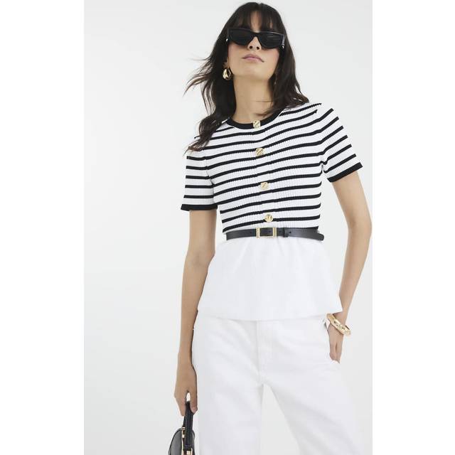 River Island Womens Cream Striped Knit Belted Peplum Top - XS