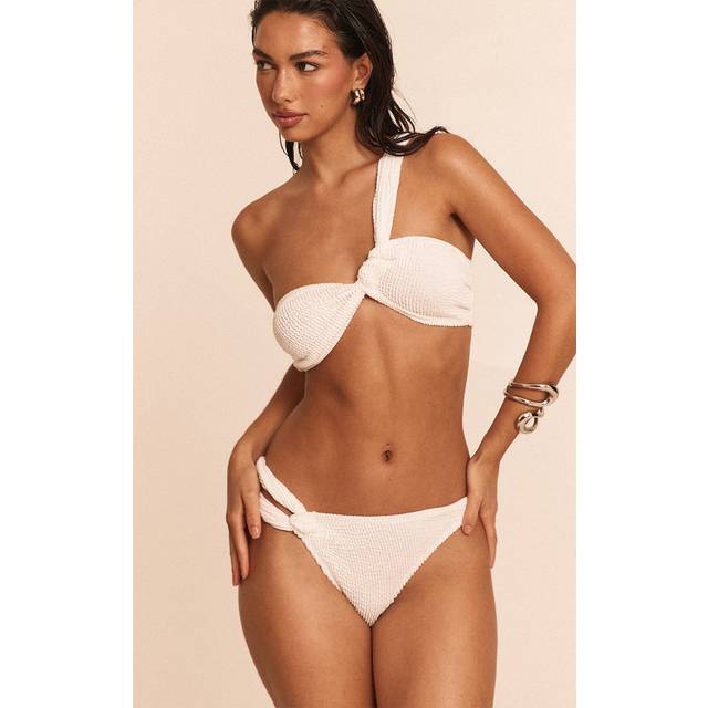 White Crinkle Twist Tanga Bikini Bottoms, White - L