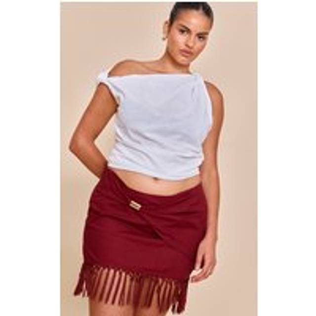 Plus Chocolate Linen Gold Trim Tassle Hem Mini Skirt, Red - 16
