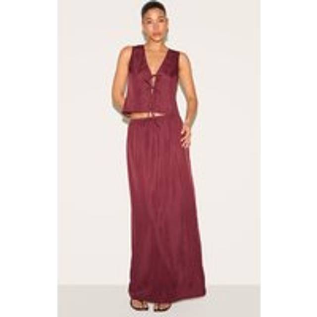 Plum Textured Tie Waist Detail Maxi Skirt, Purple - 14