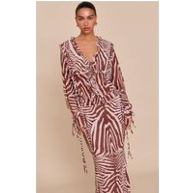 Brown Zebra Print Chiffon Ruffle Tie Front Blouse - 6