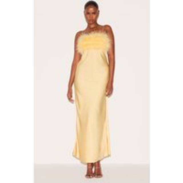 Lemon Satin Feather Bust Detail Strappy Maxi Dress, Lemon - 6