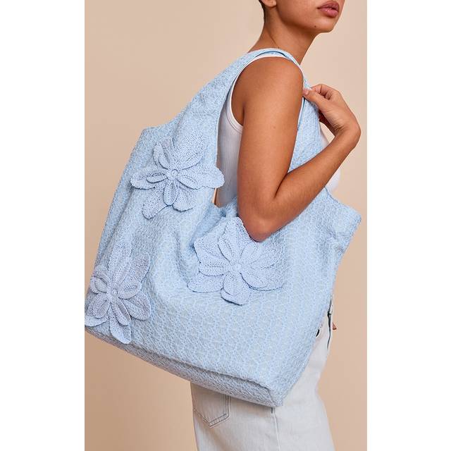 Blue Raffia Floral Placement Beach Tote Bag, Blue - One Size
