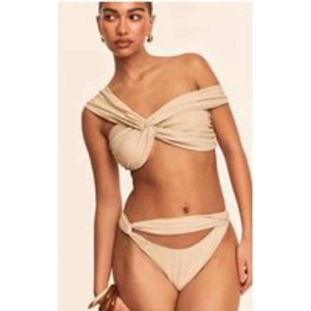Stone Ruched Bust Bikini Top, White - 10