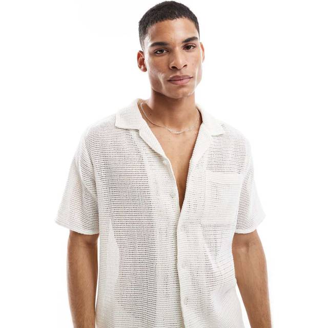New Look Men's White Regular Open Weave Revere Collar Shirt - L