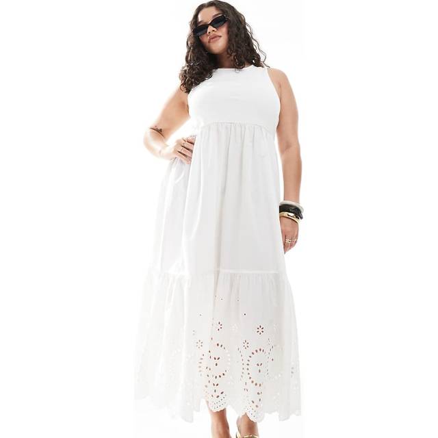 New Look Women's Plus Size White Floral Cutout Tiered Midi Dress Curves - UK 20