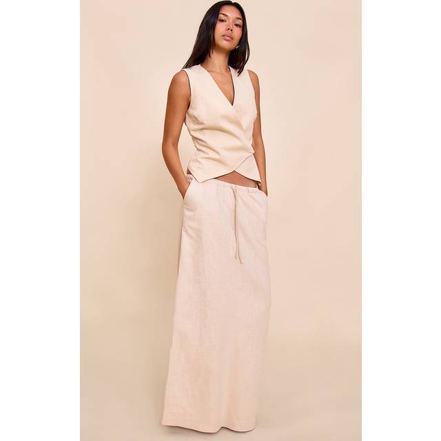 Natural Premium Linen Drawstring Maxi Skirt, Natural - 8