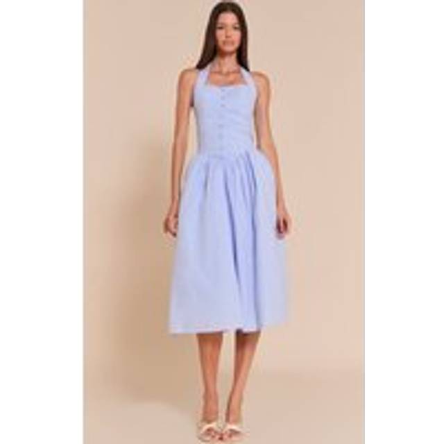 Baby Blue Embroidered Cotton Halterneck Midaxi Dress, Blue - 4