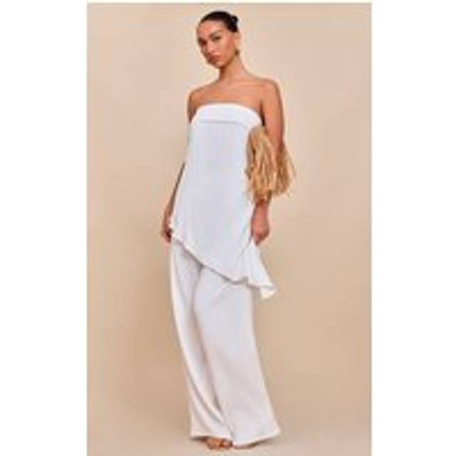 White Textured Wide Leg Trousers, White - 4