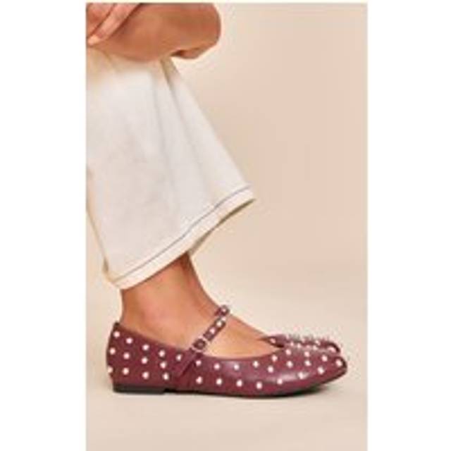 Wine Leather Ballet Pump With Stud Detail, Red - 7