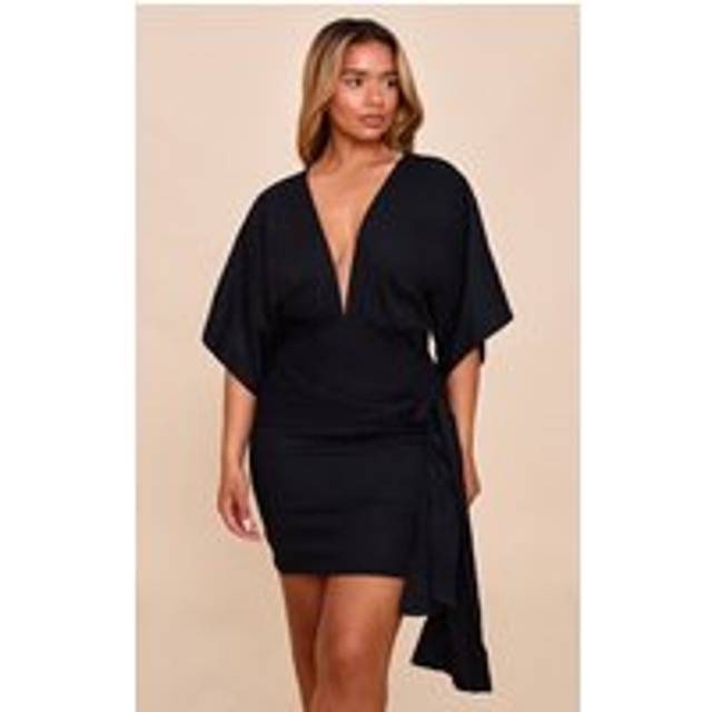 Shape Black Linen Plunge Front Batwing Wrap Tie Waist Mini Dress, Black - 6