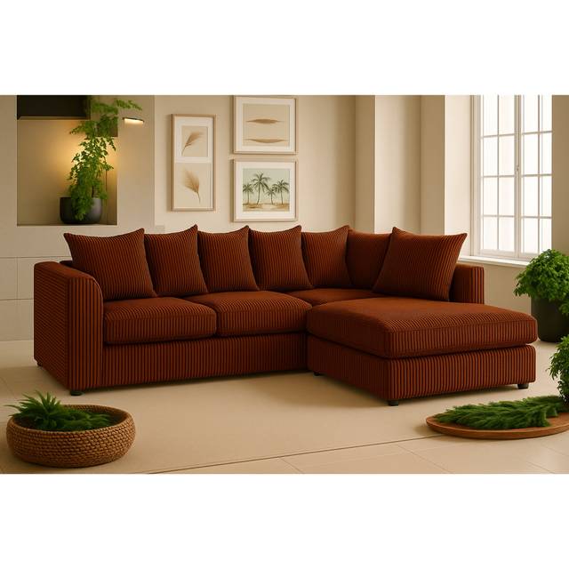 Jumbo Cord Right-Hand Corner Sofa L Shaped Sectional With Plush Small Back Cushions - Brown (90cm H X 212cm W X 167cm D)
