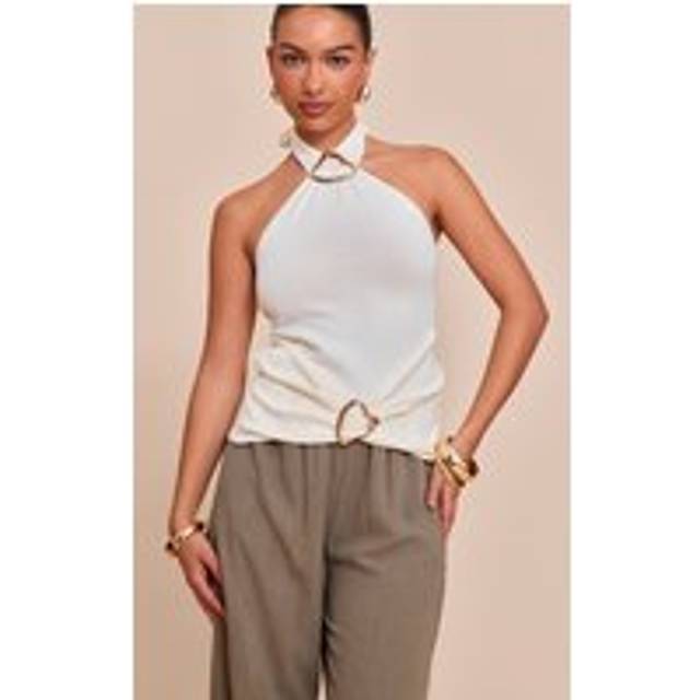 Cream Trim Detail Wrap Halter Neck Top, White - M