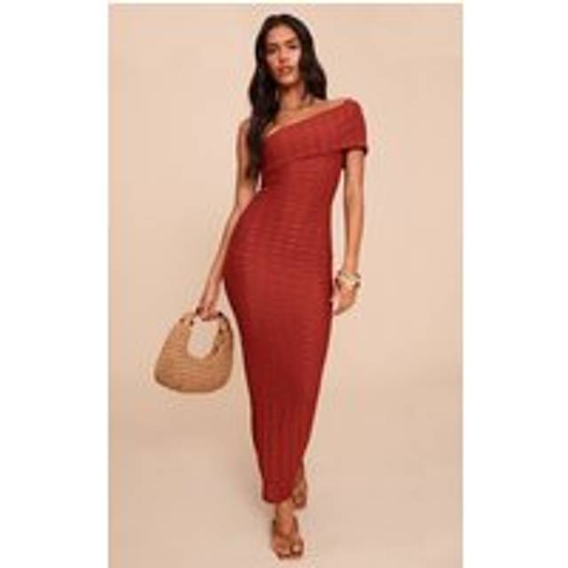Rust Textured One Shoulder Sleeveless Maxi Dress, Orange - 14