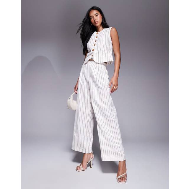 River Island Womens White Stripe Belted Wide Leg Trousers - 12R
