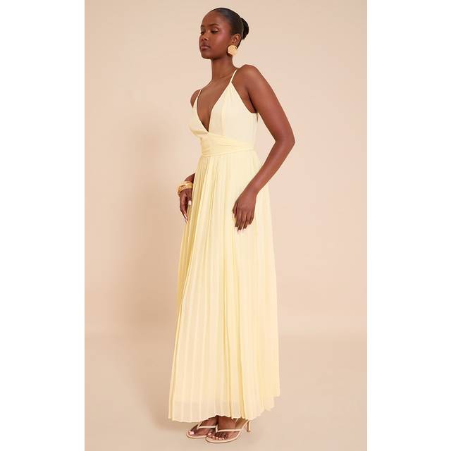 Lemon Chiffon Strappy Pleated Belt Detail Maxi Dress, Lemon - 4