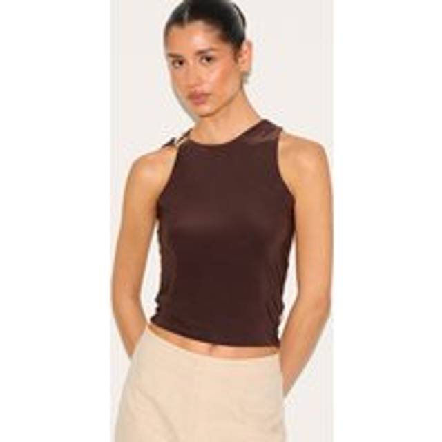 Tall Deep Chocolate Double Layer Slinky Trim Detail Long Vest Top, Deep Chocolate - 10