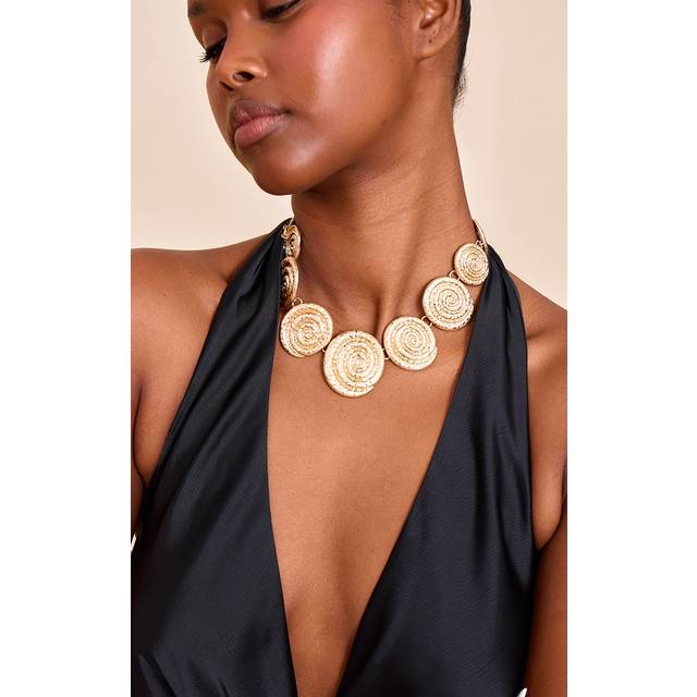 Gold Hammered Swirl Detail Chunky Necklace, Yellow - One Size