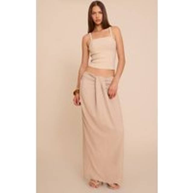Beige Peachskin Drape Front Maxi Skirt, Camel - 6