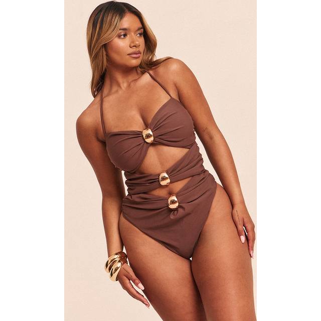 Shape Chocolate Strappy Gold Trim Twist Front Swimsuit, Chocolate - 20