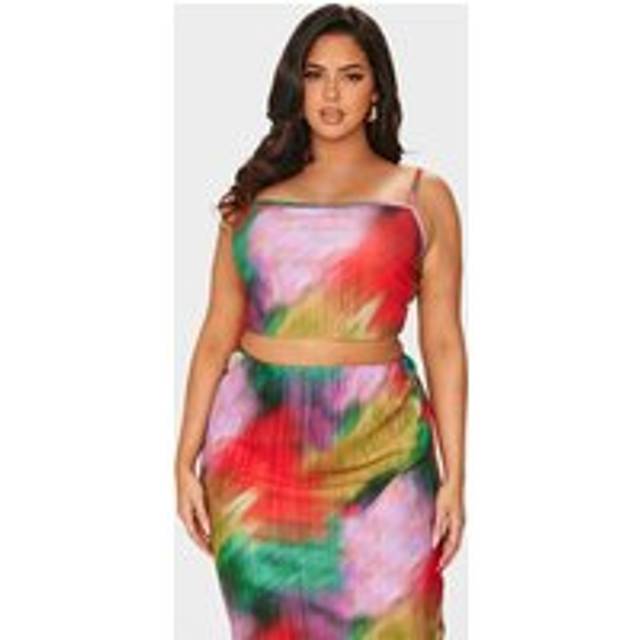 Plus Multi Print Plisse Square Neck Crop Top, Multi - 30