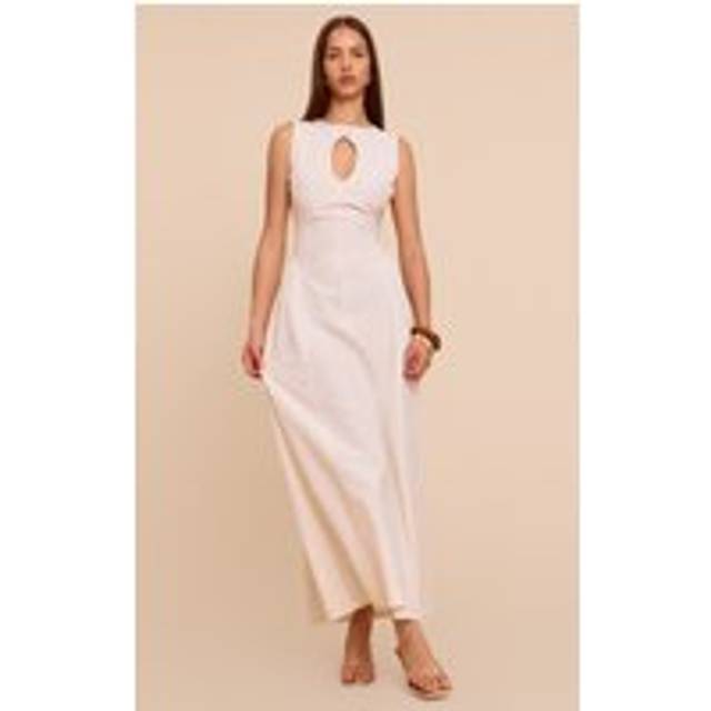 Almond Linen Look Textured Button Detail Sleeveless Maxi Dress, Almond - 4