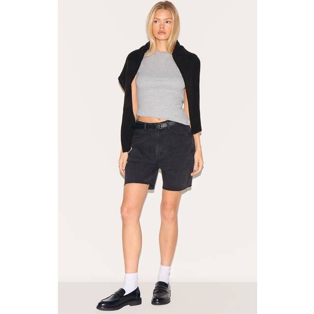 Washed Black Longline Fitted Denim Shorts, Washed Black - 6