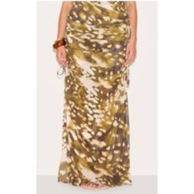 Plus Stone Blurred Abstract Printed Chiffon Ruched Bead Detail Maxi Skirt, White - 18