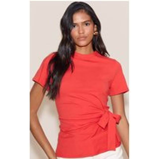Tomato Red Cotton Tie Detail Oversized T Shirt, Tomato Red - 6
