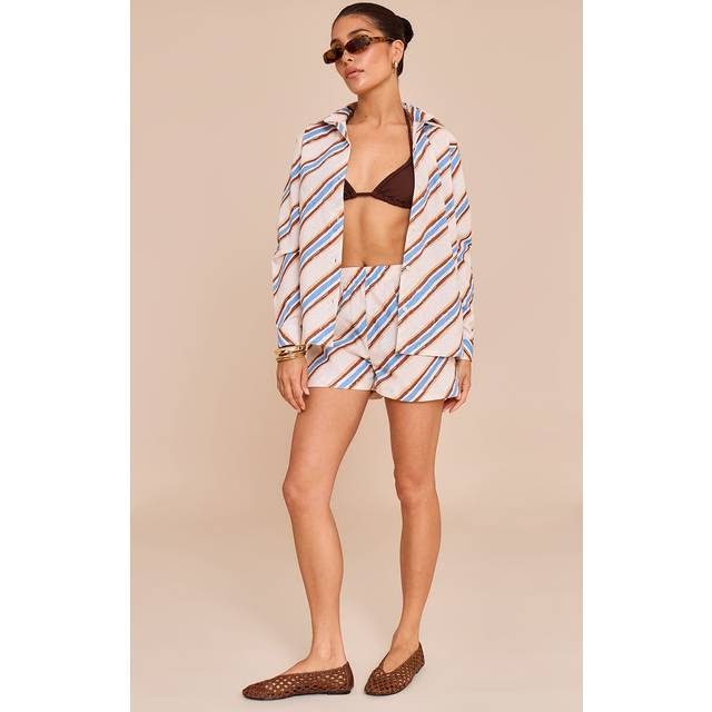 Petite Blue Stripe Linen Look High Rise Shorts, Blue - 10