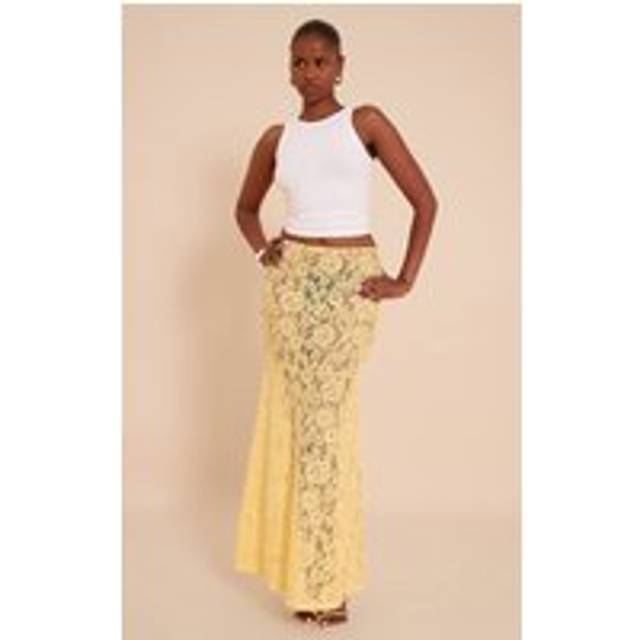 Lemon Floral Lace Sheer Maxi Skirt, Lemon - 10